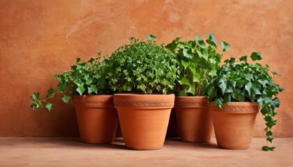  a group of potted plants sitting next to each other on top of a wooden table in front of a brown wall with a planter on it's side.