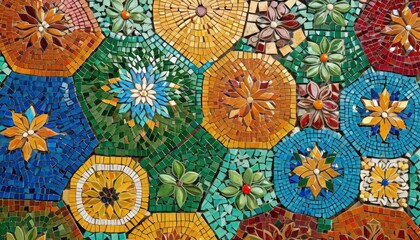  a close up of a wall made up of many different colors and shapes of tiles with flowers and leaves on the top of each of each of each of the tiles.