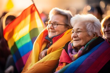 Happy senior lesbian couple on street enjoying LGBT parade. Smiling people during march on street for LGBT rights. Diversity, tolerance and gender identity concept.