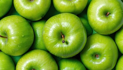  a pile of green apples sitting next to each other on top of a pile of other green apples in front of a pile of more green apples in the background.