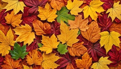 Naklejka na ściany i meble a bunch of leaves that are laying on the ground in different colors of the same color as the leaves in the picture are brown, red, yellow, green, red, orange, and yellow, and green.