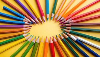  a circle of colored pencils arranged in the shape of a star on a yellow background with copy space in the middle of the circle in the middle of the center.