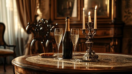 wine glasses on a table, a table with a bottle of champagne and two glasses of wine on it and a candle holder on the table