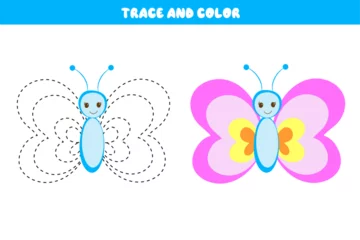 Fotobehang Trace and color cartoon vector butterfly. Educational coloring book. Handwriting practice for preschoolers. Educational cards for children. Development sheet for preschoolers. © Gordeeva