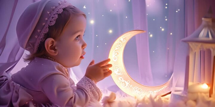 Little girl gazing at the moon. The concept of Ramadan 