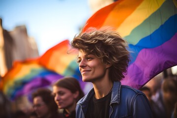 Fototapeta premium Young woman on street enjoying LGBT parade. Smiling people during march on street for LGBT rights. Diversity, tolerance and gender identity concept.