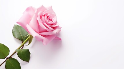 Pink rose single on white background. Valentine's day-wedding. greeting card. advertisement. copy text space.