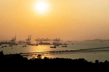 Fototapeta premium the tower crane at the port and logistic systems for transportation.