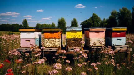 There are many beautiful colorful painted wooden bee hives in beautiful nature with flowers. Beekeeping, Apiary in summer. - obrazy, fototapety, plakaty