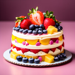 cake with strawberry and blueberry top, pink and yellow icing garnish cake, chocolate or biscuits on top gateau cake, tasty nice cake design with light color background, dessert cake images for cafe