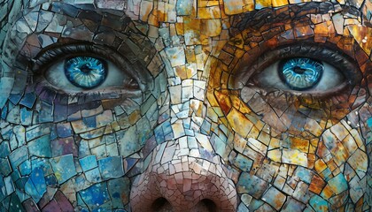 Mosaic Mirage, Construct a mosaic-like digital face, incorporating fragmented elements to symbolize the complexity and diversity of the digital self, AI  - obrazy, fototapety, plakaty