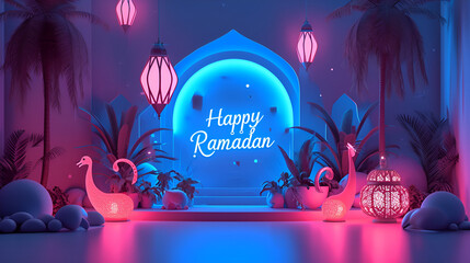 A contemporary design with "Happy Ramadan" in bold, 3D letters against a hue blue background, capturing the spirit of unity and celebration.