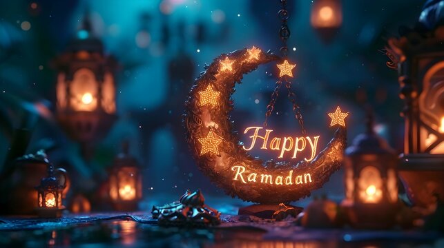A starry night scene with crescent moons and lanterns, featuring "Happy Ramadan" in illuminated letters, capturing the essence of the holy month