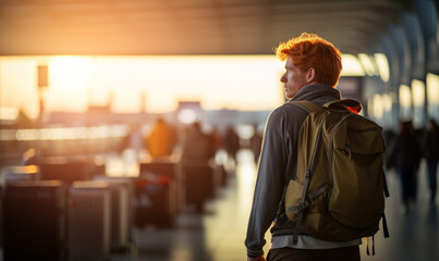 Man travel at airport with backpack, male walking at the gate