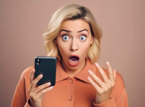 Surprised woman with wide eyes and open mouth, holding a phone, reacting to unexpected news. - Powered by Adobe