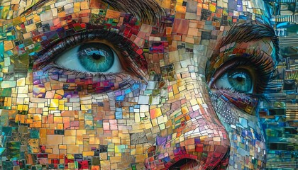Mosaic Mirage, Construct a mosaic-like digital face, incorporating fragmented elements to symbolize the complexity and diversity of the digital self, AI 