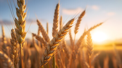 Amazing agriculture sunset landscapegrowth nature harvest wheat field natural product,,
Close up of wheat ripening ears at gold wheat field in the morning with shining of sunlight, beautiful scene, ha