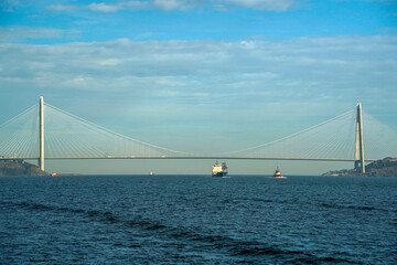 Fototapeta premium Yavuz Sultan Selim bridge in front of black sea view from Istanbul Bosphorus cruise