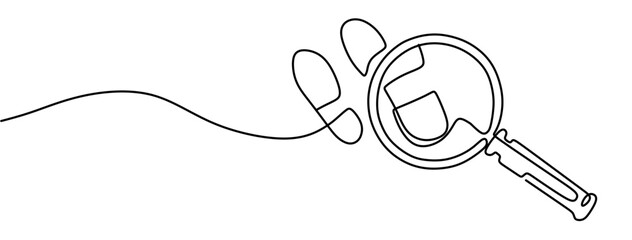 Obraz premium Magnifying glass in continuous one line drawing. Concept of Business analysis in simple outline style. Used for logo, emblem, web banner, presentation. Doodle Vector Illustration
