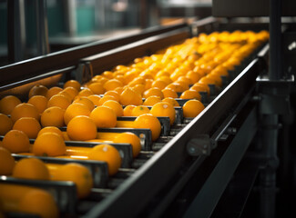 Oranges on a conveyor belt in a factory, in focus with a blurred background.