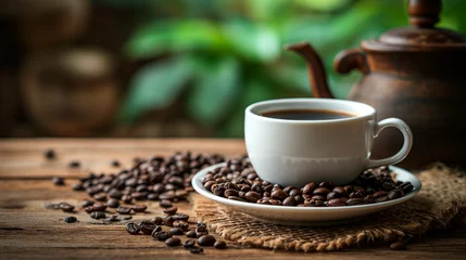 Tuinposter Cup of hot coffee and coffee beans . generative AI © Nim