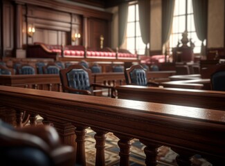 Courtroom, view from the defendant's bench with rows of wooden benches and judge's bench in the background. - obrazy, fototapety, plakaty
