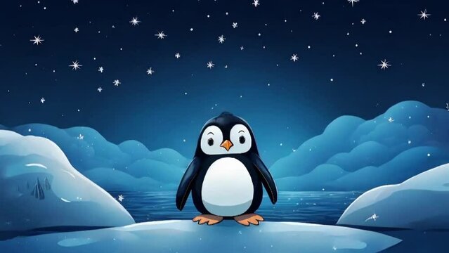 Cute Cartoon Penguin Under a Night Sky