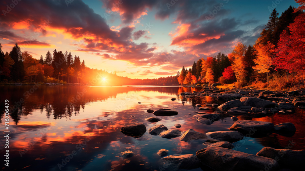 Wall mural sunset over the lake