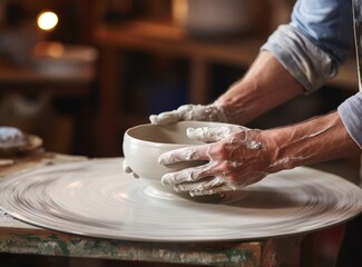 Potter's hands meticulously shaping a clay bowl on a pottery wheel, capturing the essence of craftsmanship.