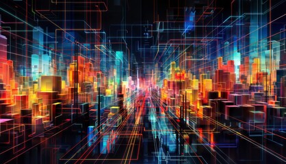 Abstract 3d illustration of futuristic city with neon lights and reflections