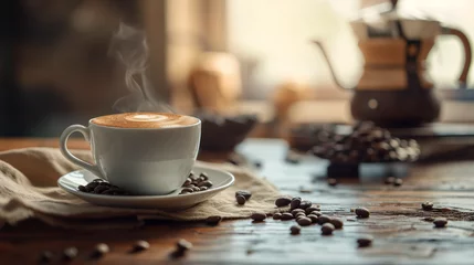 Foto op Plexiglas Cup of hot coffee and coffee beans . generative AI © Nim