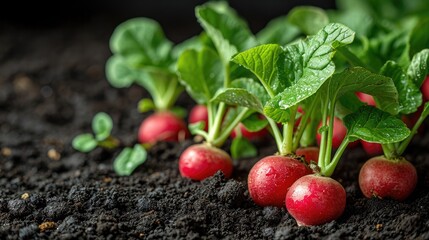 Radish on the dark black soil ground in the vegetable garden. Organic autumn harvest