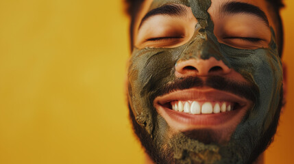 Mixed race man wearing a mud clay face mask, male skincare pampering regimen, against a yellow background with copy space ai generated - obrazy, fototapety, plakaty