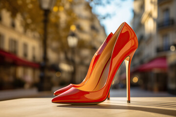 Elegant red women's high-heeled shoe against a city bokeh background. Generated by artificial intelligence - obrazy, fototapety, plakaty