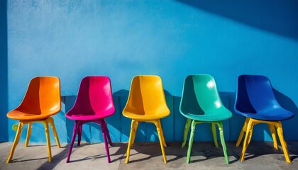 Vivid Vibes: Lined Up Chairs Bring Life to a Blue Canvas"