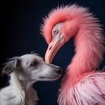 A blue striped flamingo kisses a dog beautiful image Ai generated art