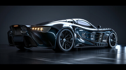 High class sport car parked on dark background. Sport and modern luxury design dark gray car. Shiny clean lines and detailed back view of modern automotive. Generative Ai