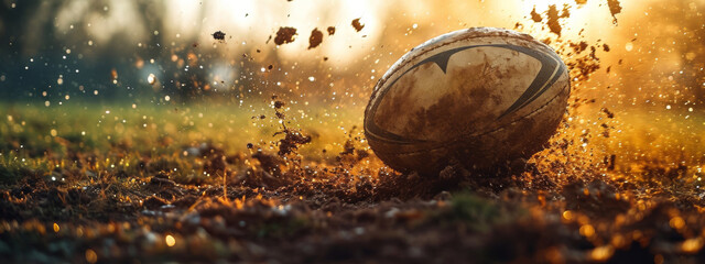 Banner. Ephemeral Victory. Rugby ball bounces off ground, kicking up dust and dirt as it moves. Dynamic close-up shot.