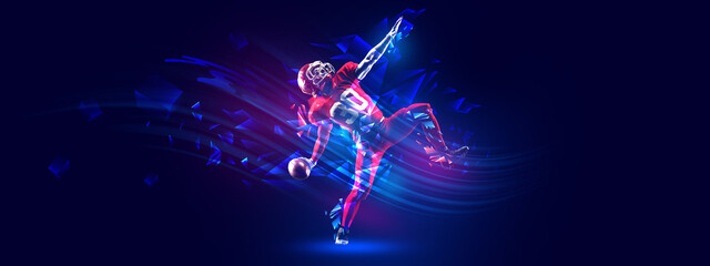 American football athlete in motion, throwing ball over gradient blue background with polygonal and...