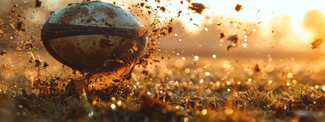 Banner. Moment in Time. Rugby ball bounces off the ground, kicking up dust and dirt as it moves. Dynamic close-up shot.