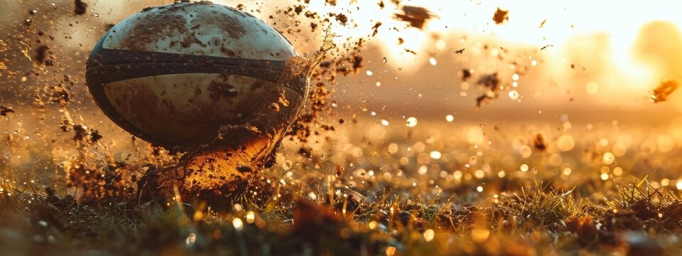 Banner. Moment in Time. Rugby ball bounces off the ground, kicking up dust and dirt as it moves. Dynamic close-up shot.