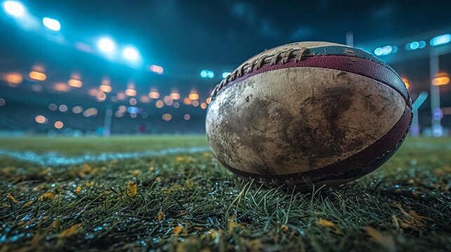 Close up shot of rugby ball lying on green grass of field illuminated with spotlights at night. Sport games.