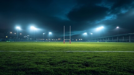 Empty sport field, Rugby stadium with green grass illuminated spotlights in evening. View on gates. - obrazy, fototapety, plakaty