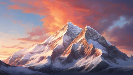sunrise in the snowy mountains with peach sky