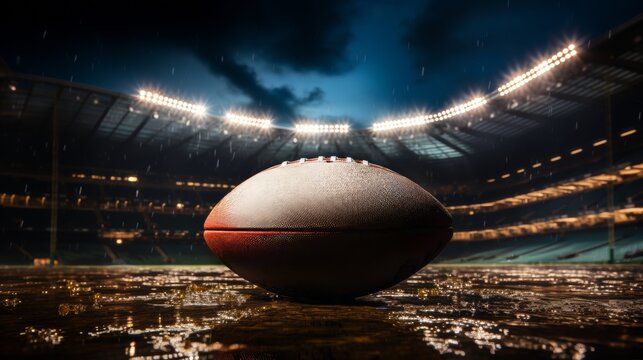 Gridiron Grit. Close-up photo of well-worn American football resting on muddy sport field illuminated spotlights in evening.