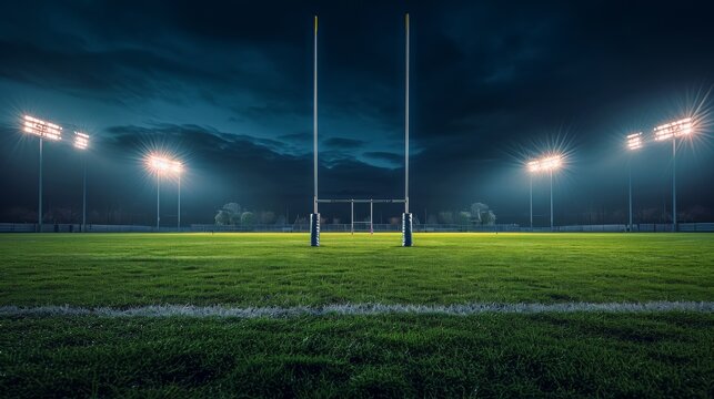 View on American football gates stands on sport field, stadium with green grass illuminated spotlights in evening.