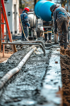 Workers pour the Foundation for the construction of a residential building using mobile concrete mixers