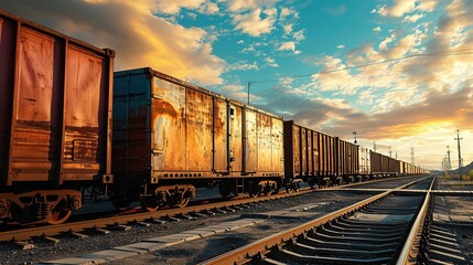 Fototapeta premium Wagon of freight train with containers on the sky background. copy space for text.