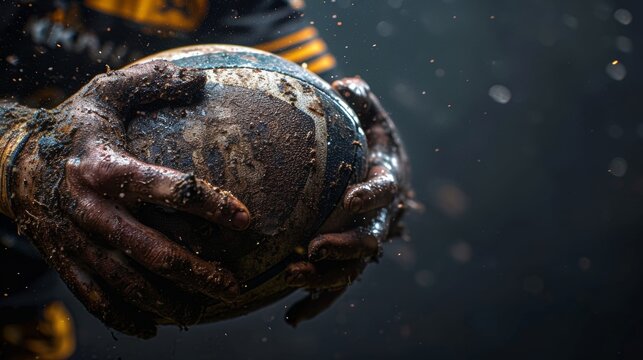 Silent Sentinel. Cropped portrait of Rugby player, striker in sport uniform, covered in mud holds Rugby ball illuminated sun light. Copy space.
