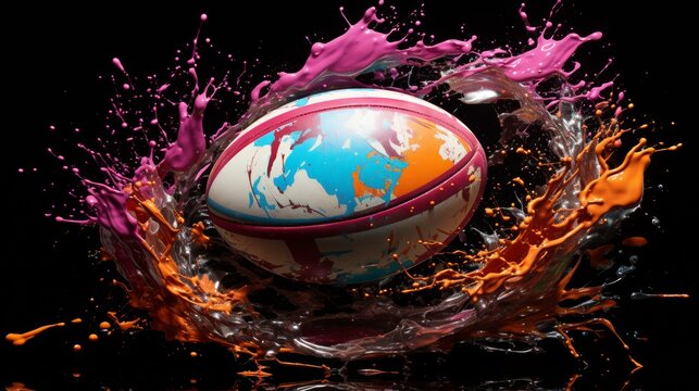 Creative dynamic shot. Burst of Energy. American football ball surrounded paint splashes in motion.